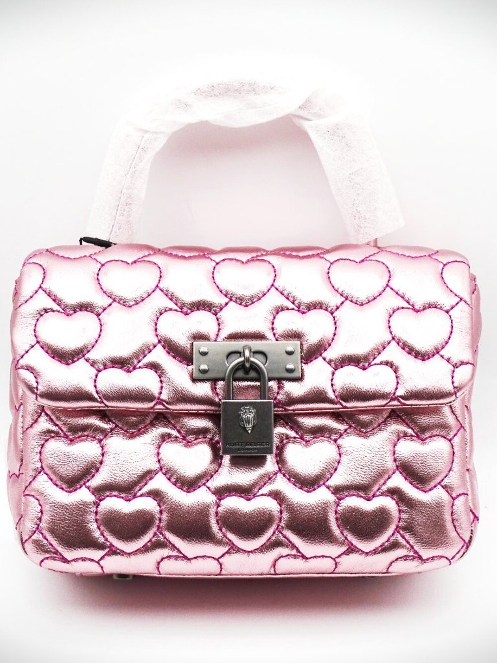 KURT GEIGER LONDON Small Pink Color Brixton Heart Quilted Top Handle Bag